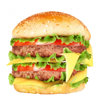 55. Big Doppel Cheeseburger, mit Salat, saure Gurke, Tomate, rote Zwiebeln Soßen