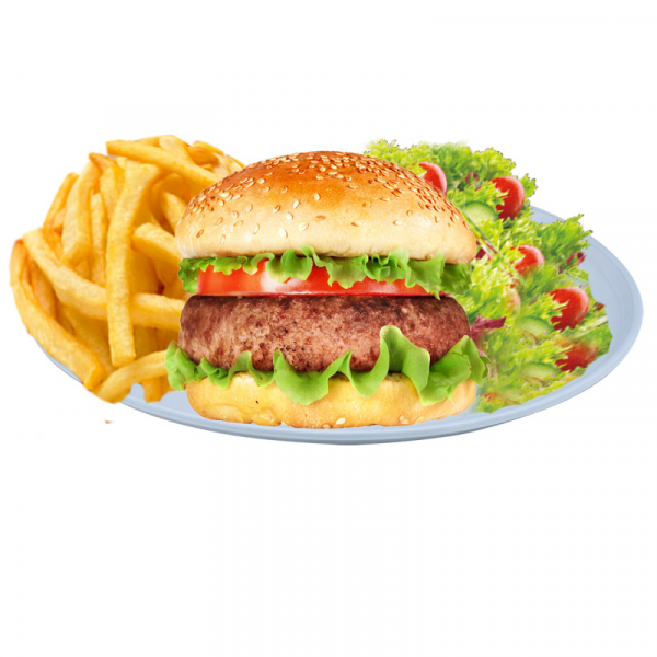 47. Big Burger auf Teller mit Pommes & Salat